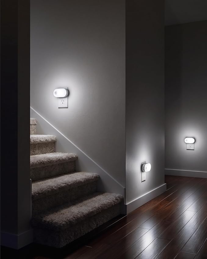 Lyridz 120LM Ultra Bright Plug-in Motion Sensor Night Light, Stepless Dimmable LED Nightlight, Always-On and Auto-Off, for Hallway, Stairs, Bathroom, Bedroom, Garage, Cool White (4-Pack)