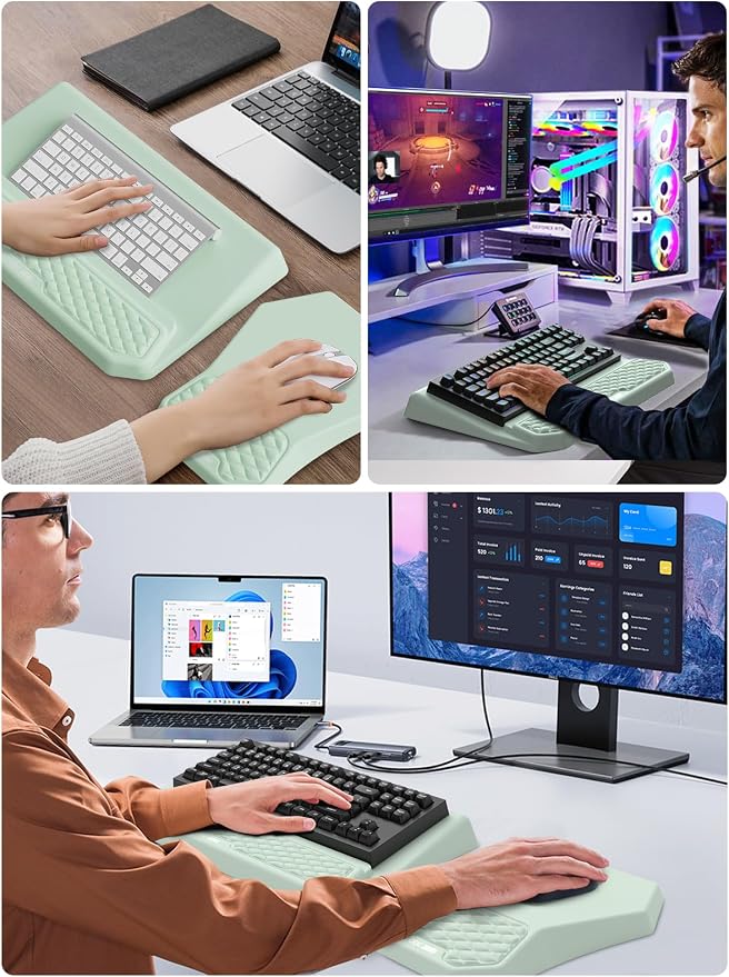 3-in-1 Ergonomic Keyboard Stand with Wrist Rest & Mouse Pad Set,Light Green | Comfy Keyboard Riser Holder Soft Mousepad with Massage Design, Memory Foam and Non-Slip PU Base for Pain Relief