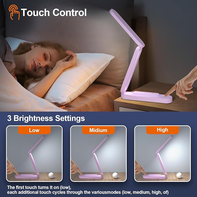 Giryuhd LED Desk Lamp for Office Home & Battery Operated Lamp Rechargeable Lamp Foldable & Portable Light, LED Desk Light Strip, 3 Brightness Dimmable Small Desk Lamp Wireless Reading Lamp