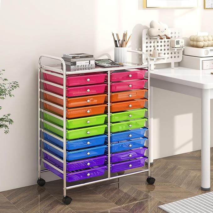 RELAX4LIFE 20 Drawer Rolling Storage Cart, Mobile Rolling Cart w/Drawers for School Classroom Teacher Office Home Salon, Paper File Art Supply Craft Organizer, Utility Cart on Wheels (Rainbow)