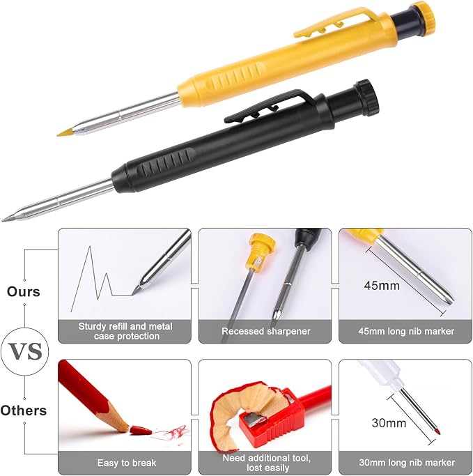 MECHEER 2 Pack Carpenter Pencils Construction Pencil with 12 Refills, Mechanical Carpenter Pencils with Built-in Sharpener, Long Nib Deep Hole Heavy Duty Woodworking Pencil Marker (Black, Yellow)