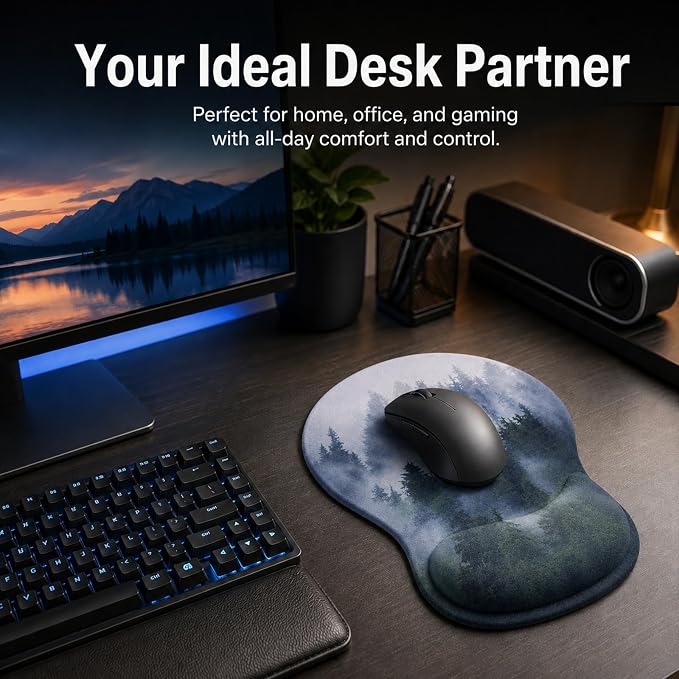 Mouse Pad with Wrist Rest Ergonomic Memory Foam Support, Non-Slip Rubber Base, Comfortable Typing Cushion for Home Office Computer Laptop, Forest