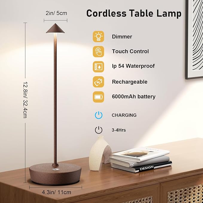 Set of 2 Cordless Rechargeable Led Table Lamp Battery Operated Light Rust | 6000mAh Touch 3 Color Dimming Portable Metal Outdoor Waterproof Light for Patio/Restaurant/Dining/Home