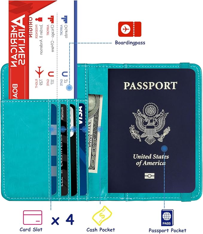 TOURSUIT RFID Blocking Passport Holder, Leather Travel Wallet, Light Blue | Travel Document Holder Cover Accessories, 3D Metal Badge, For Women Men