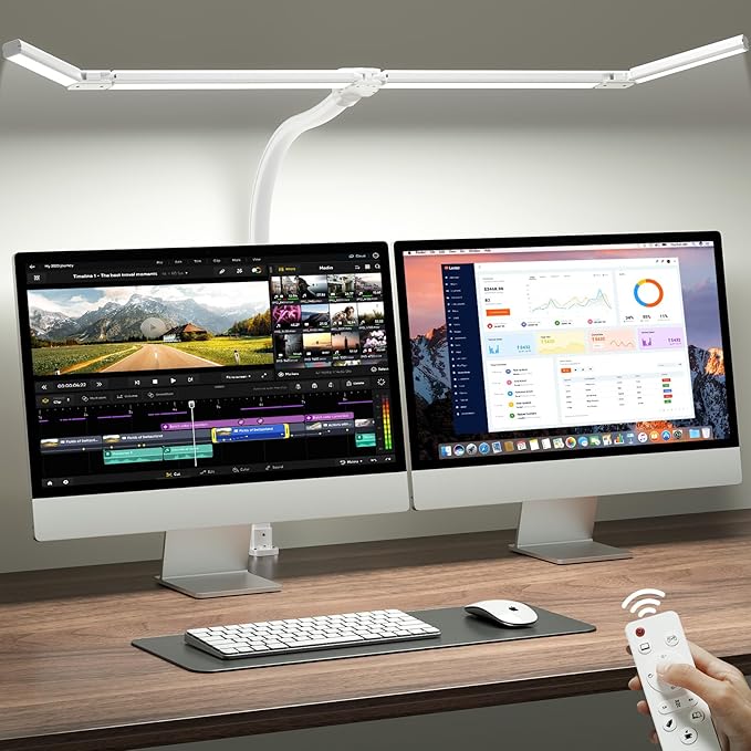 ONEMIX LED Desk Lamp with Clamp, 42-Inch 4-Panel Light for Dual Monitors | 1800 Lumens, 4 Adjustable Panels, 5 Color Temps, 5 Brightness Levels, Remote, Timer, Flicker-Free for Home Office