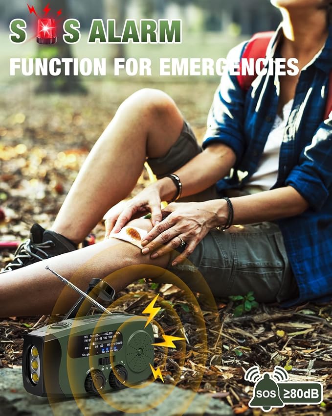 Hand Crank Radio with AM/FM/NOAA Weather Bands,for Emergencies, Camping | 3 LED Flashlights,SOS Function,Solar Powered,Hand Cranked, 2000mAh/7400mWh Charger,for Power Outage - Olive Green