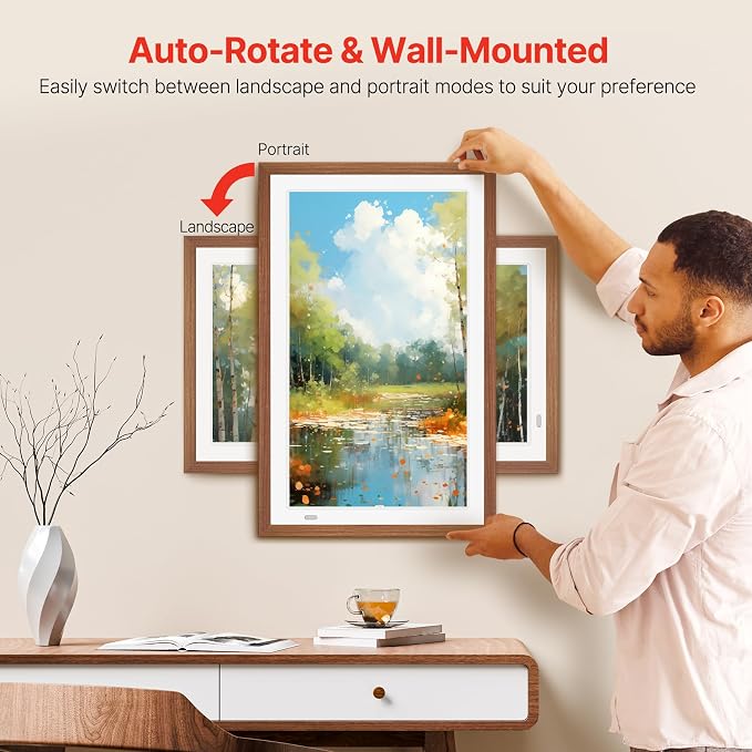 Uhale 21.5" Large Digital Picture Frame WiFi Wood with Remote Control, 1920 x 1080 FHD IPS No Touch Screen Electronic Photo Frames Wall Mount with 64GB, Support SD USB, Share Photos Videos Instantly