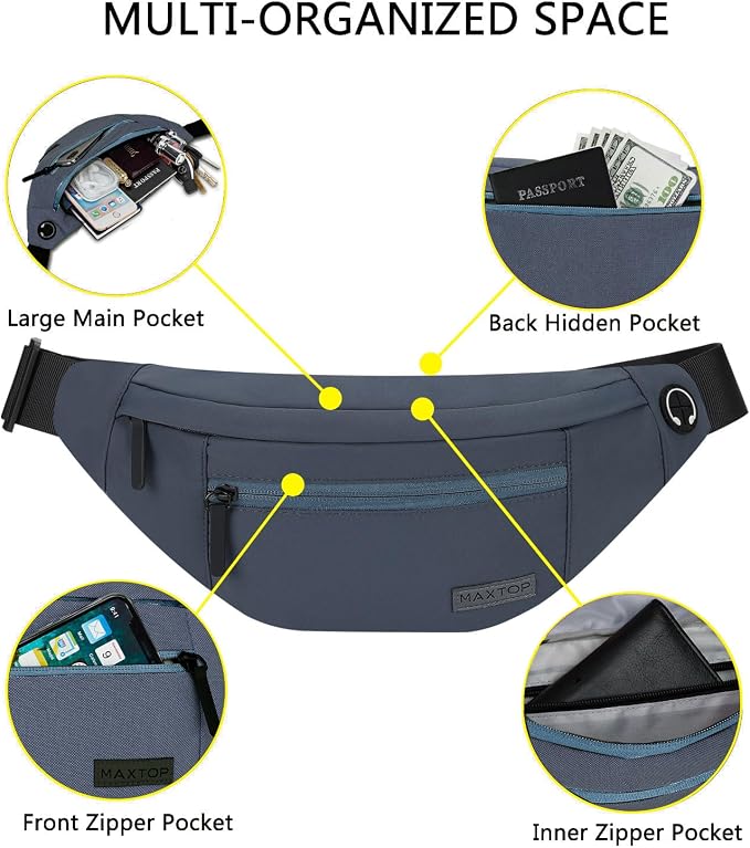 MAXTOP Large Fanny Pack for Men Women Sling Bag with 4-Zipper Pockets | 4-Zipper Pockets,Polyester,Hands-Free Wallets Shoulder Phone Bag Carrying All Phones