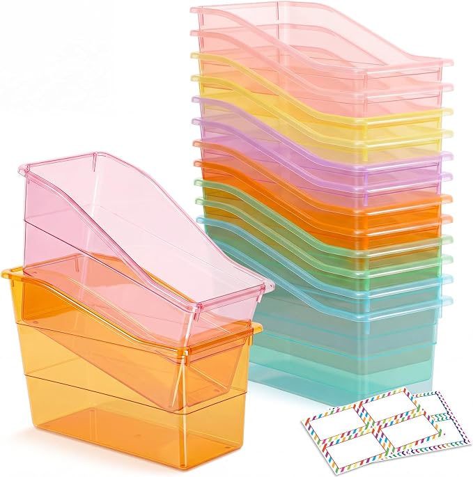 Blosssound 12 Set Book Bins for Classroom Stackable,Translucent Pastel | Plastic Baskets with Labels, Slanted Front, Library Supplies Organizers, Desktop Storage Bins, Teachers Home School Use