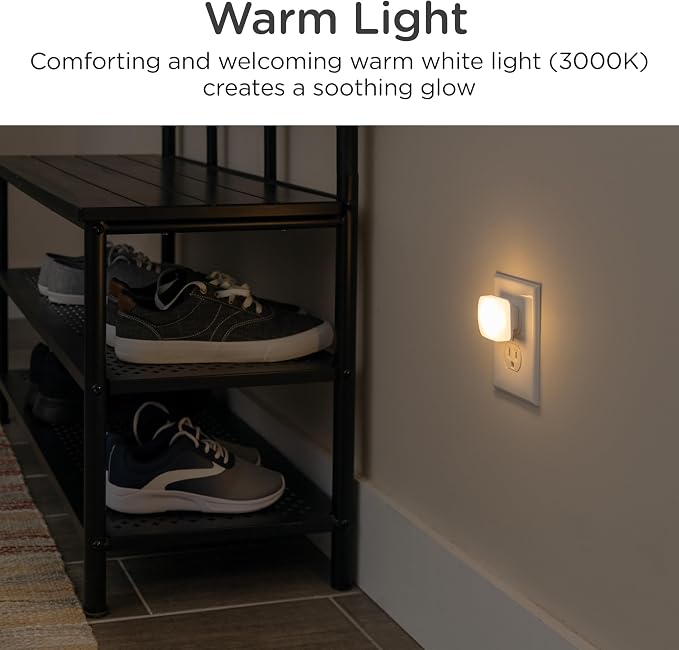 Lights by Night Mini Square LED Night Light, Plug in, Dusk to Dawn Sensor, Warm 3000K, Compact Single Outlet Design (Doesn’t Block 2nd Outlet), Ambient Lighting, Bedroom, Bathroom, 2 Pack, 82487
