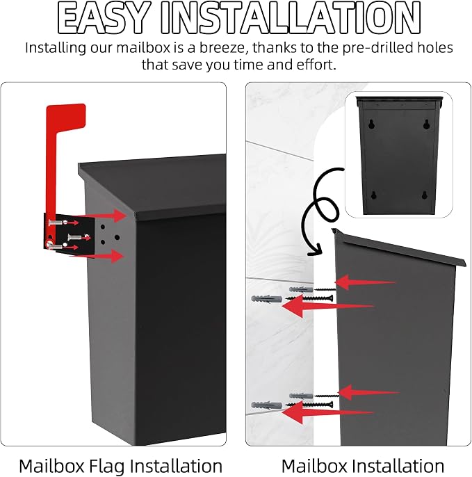 TonGass 7.1"x10.1"x3.8" Wall-Mount Mailbox for House with Flag and Number Stickers, Mailboxes for Outside Wall Mount with Screws Ideal for House Outdoor Use, Rust-Proof Carbon Steel Mailbox - Black