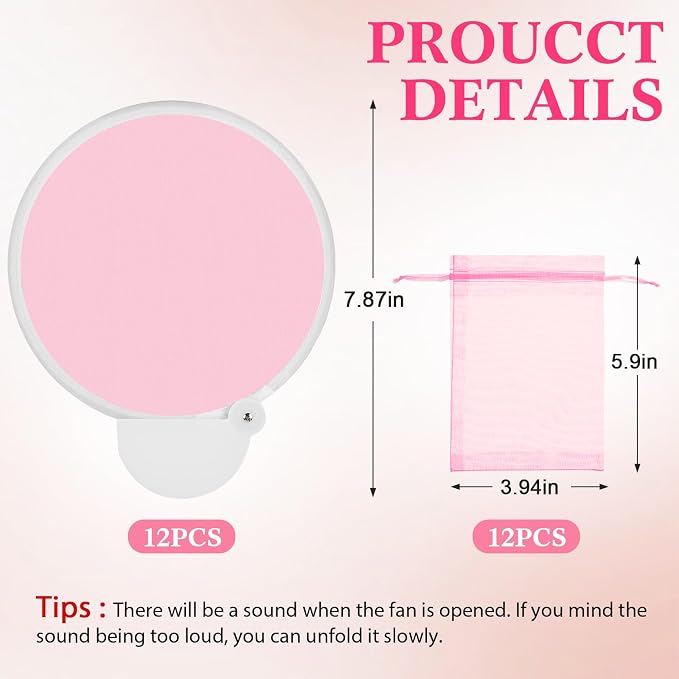 Roowest 12 Pcs 7.87“ Round Sublimation Blank Foldable Fan with Bag Polyester Colored Portable Handheld Compact Fold up Flying Disc Fans for Summer Wedding Graduation Party Favor (Pink)