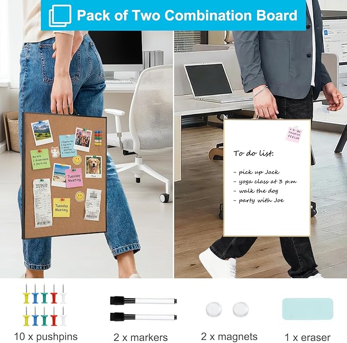 Small Whiteboard Cork-Board Combo for Wall, 2-Board Set, 24"x16" Total | Portable Aluminum Frame Magnetic Dry Erse Board Mini Bulletin Cork Board with a Handle for School, Office, Home