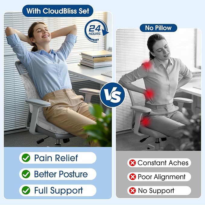 CloudBliss Lumbar Support Pillow & Seat Cushion Set for Office Chair,Desk Chair,Wheelchair & Car–Memory Foam Back Support, Ergonomic Chair Cushions, Sciatica Pain Relief,Home Essentials(Light Grey,XL)