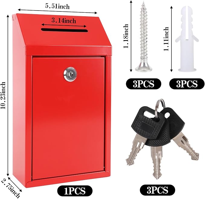 Metal Donation Box with Lock Ballot Box Drop Box with Lock Suggestion Box with Slot and Locks Metal Locks Box Comment Box Voting Box Key Drop Box for Home Office(Red,10.24 x 5.71 x 2.95 Inch)