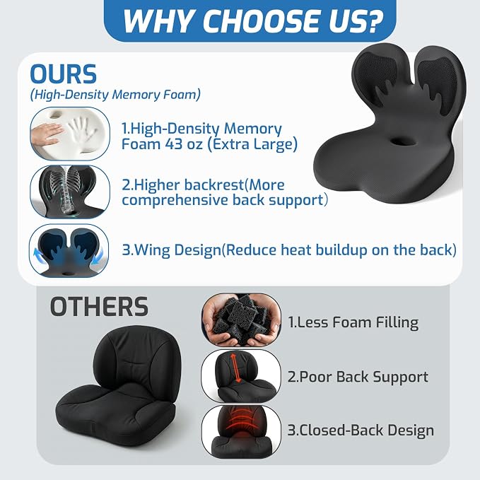 Seat Cushion, Office Chair Cushion with Lumbar Support Pillow, Memory Foam Car Cushions, for Long Sitting, Tailbone & Back Pressure Relief,Sciatica Pad for Office, Car, Home Chairs
