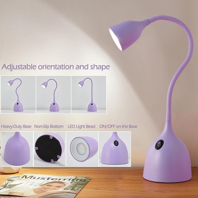 EJIAXIN Gooseneck Desk Lamp 360° LED Flexible Reading Light Small Desk Lamps for Small Spaces Home Office Bedroom College Dorm Desk Bookshelf Nightstand Table Lamp (Purple)