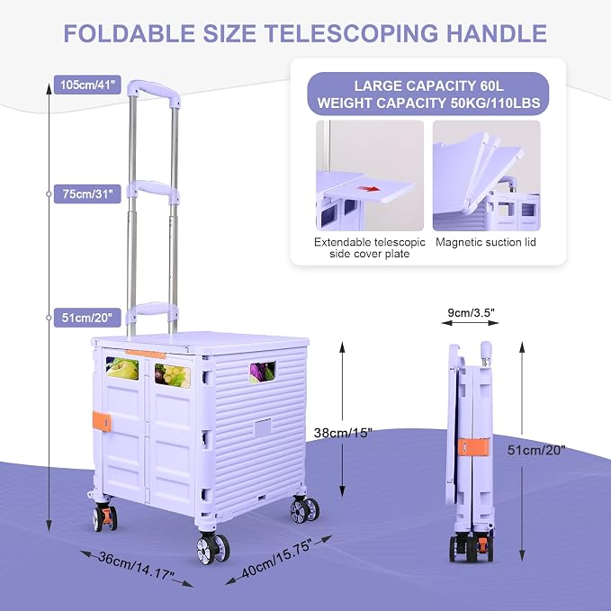 FELICON SELORSS Folding Utility Cart Portable Rolling Crate Handcart-Purple | Magnetic Sliding Lid,Telescoping Handle,Plastic Box Dolly,360°Swivel Wheels for Travel Shop Move Laundry Office Teacher Use
