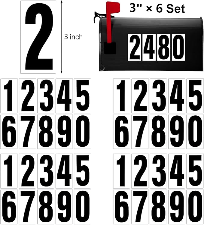 Reflective Number Stickers, 6 Sets 3 Inch Vinyl Waterproof Black Mailbox Numbers for Outside, Strong Self-Adhesive House Numbers Decals for Mailbox Door Signs Trucks