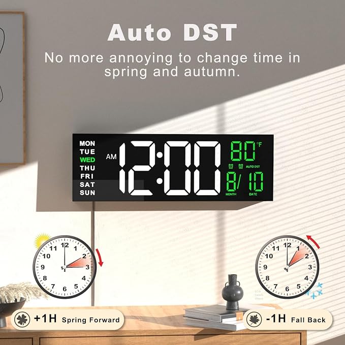 JALL 16" Large Digital Wall Mount Clock, Count Down Timer, Alarm, Big LED, RGB Color, DST, Temperature for Living Room Classroom Desk, Xmas, Birthday Gift for Senior Mom Dad (White Green, 16 inches)