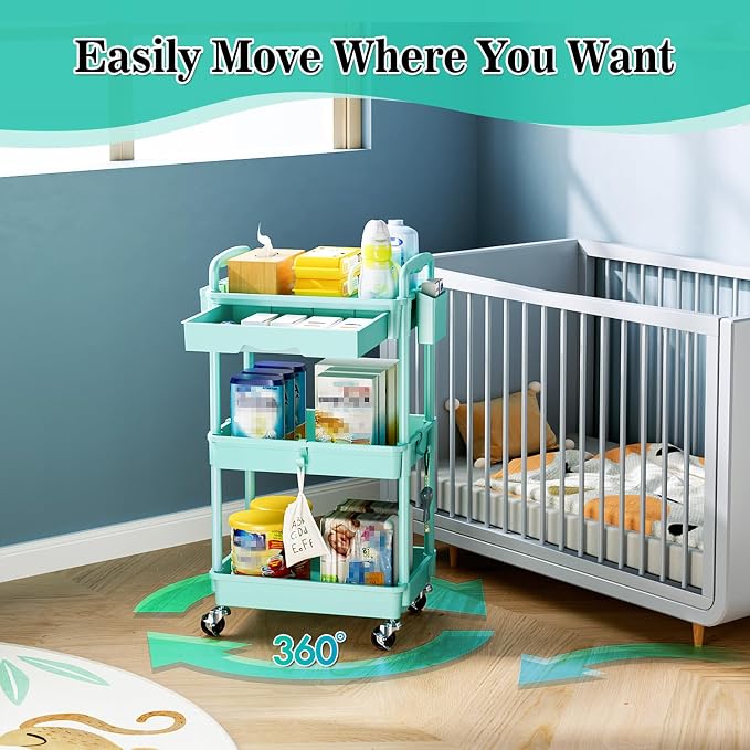 SUNALLY 3 Tier Rolling Cart with Drawer, Craft Storage Cart Organizer, Blue | Bathroom Storage Organizer with 2 Lockable Wheels, Rolling Utility Cart for Kitchen, Office, Baby, Makeup, Nail,Snack,Laundry