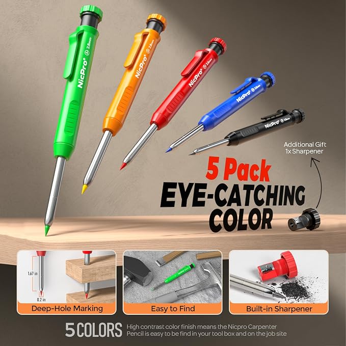 Nicpro CP1000 Carpenter Pencils with Sharpener, 5 Pack | Construction Mechanical Pencil + 53 Refills, 3 Pcs Long Nib Marker Pens for Marking, Heavy Duty Carpenter Tools, Comfort Grip