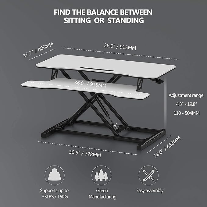 FITUEYES Height Adjustable Standing Desk 36” Wide Sit to Stand Converter Stand Up Desk Tabletop Workstation for Laptops Dual Monitor Riser White SD309103WW