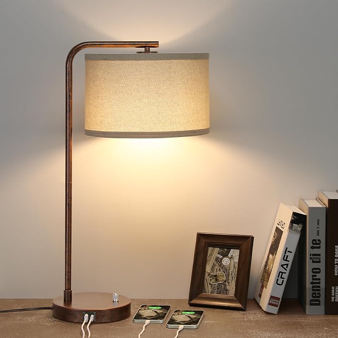 Vintage Table Lamp, Fully Dimmable Bedside Lamp with C+A USB Charging Ports | 25" Farmhouse Bedside Lamp Nightstand Light, Tall Reading Desk Lamp for Living Room Bedroom Office, LED Bulb Included