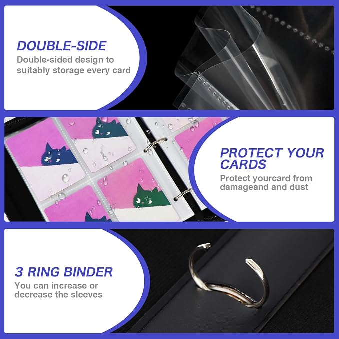 Cute Cat Card Binder, 400 Pocket Card Album for Girls Gifts, Black Cat kitten Trading Game Card Holder Album for Standard Size Cards, Collectible Game Collection Case (Starry)
