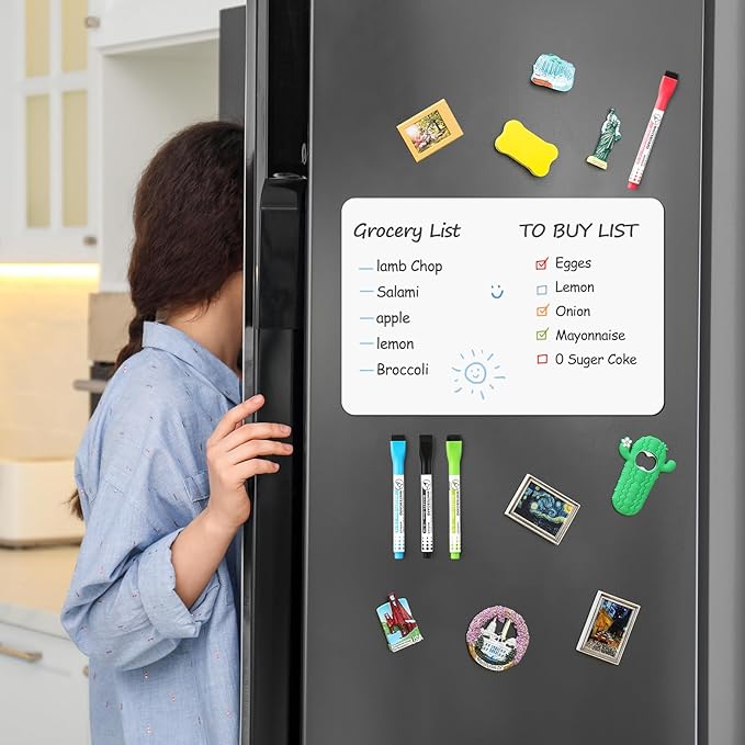 1 Pack Magnetic Dry Erase Board Sheet for Fridge, 12"x8" Erasable Refrigerator WhiteBoard w/ 4 Markers & 1 Eraser- Smooth and Flexible Small Magnet Blank Notepad for Home Kitchen Organizer and Planner