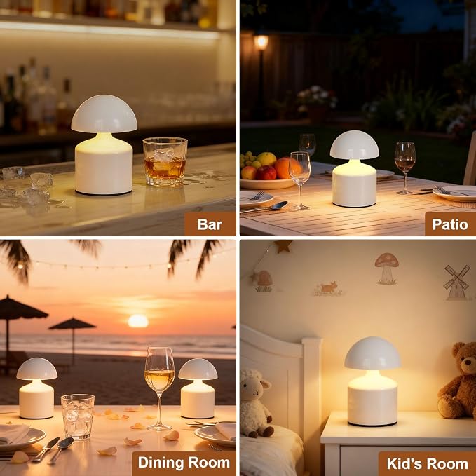 SAIWEYA Modern Cordless Mushroom Small Table Lamp, Dimmable Touch Battery | 3-Way Dimmable, Mini Rechargeable LED Desk Lamp, Night Light, Bedside Nightstand Lamps for Bedroom, Living Room