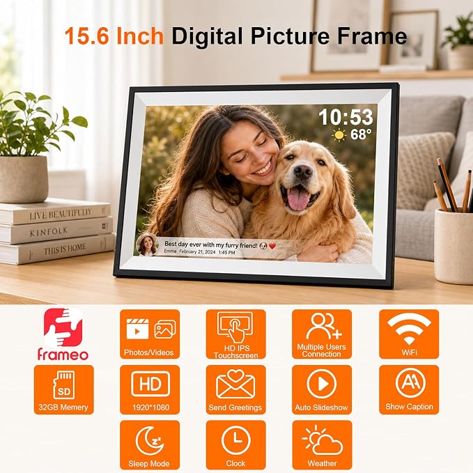 Digital Picture Frame, Frameo 15.6 Inch WiFi Digital Photo Frame, 1920x1080 HD IPS Touch Screen, 32GB Storage, Auto-Rotate, Wall Mountable, Easy Setup to Share Photos/Videos via Frameo App