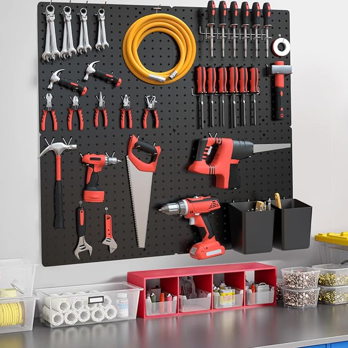 FZK Modular Plastic Peg Board Wall Organizer Kit, 12x12, Black | Includes 26 hooks and 6 bins, adhesive or drill mounting, ideal for office, craft room, kitchen