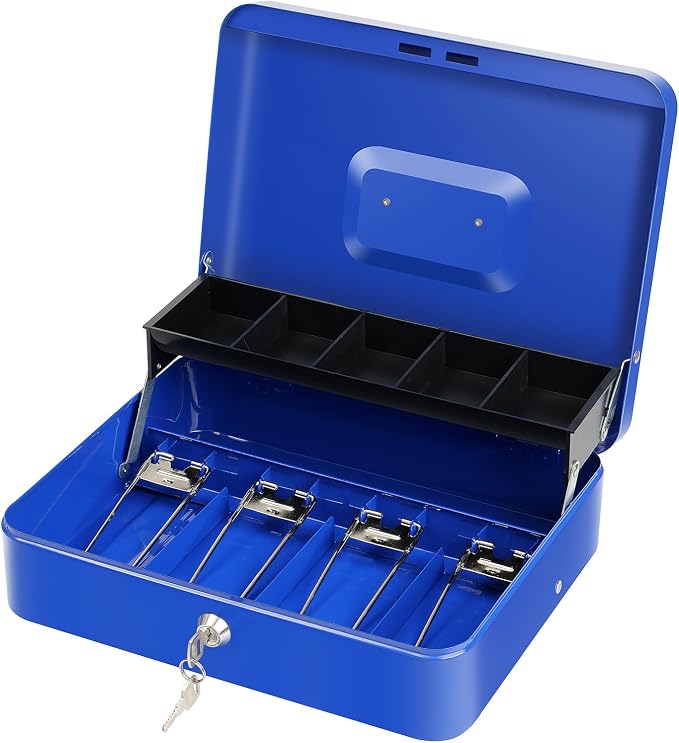 Cash Box with Lock Key and Money Tray - Large Money Box for Cash Register, Metal Lock Box for Money Safe 11.8" x 9.4" x 3.54" Blue
