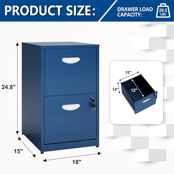Polup 2 Drawer File Cabinet with Lock, Metal Filing Cabinet for Home Office | Small Locking Cabinet for Under Desk Storage, Printer Stand, Fits Letter Size, Blue, 26"H x 15"W x 18"D, Easy Assembly