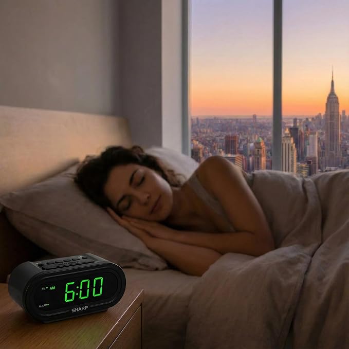 Sharp AccuSet Automatic Smart Alarm Clock – Self-Setting Digital Clock, Auto Time & DST Adjustment, Easy-Read Green LED Display, Battery Backup, Simple Plug-and-Play Clock for Seniors & Bedrooms