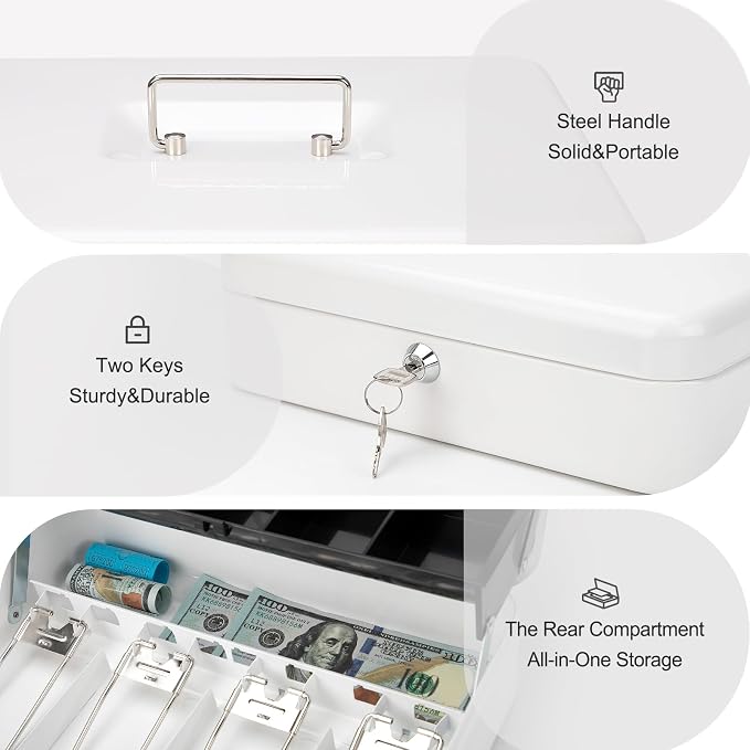 Jssmst Locking Large Metal Cash Box with Money Tray, Money Box with Key Lock, White, SM-CB0504L