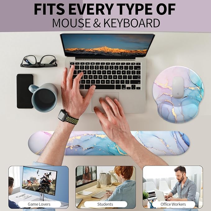 Mouse Pad Wrist Support, Ergonomic Memory Foam Keyboard Wrist Pad & Gel Wrist Rest Set for Computer Keyboard for Easy Typing & Pain Relief for Office & Home (Cyan Pink Marble)