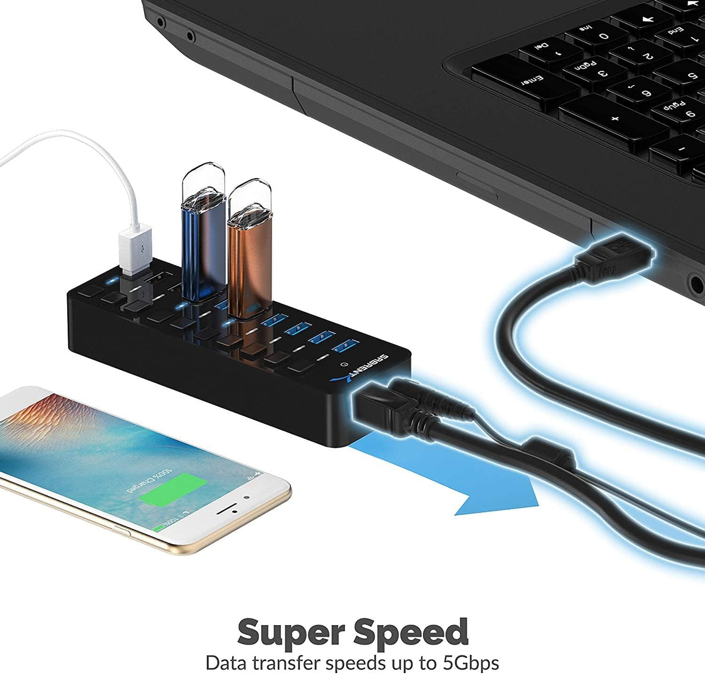 SABRENT 10-Port USB 3.0 Hub, Individual Power Switches and LEDs, 3 Smart Charging Ports, 60W Power Adapter, for PC, Mac, Xbox, PS5, Laptop, Desktop, USB Devices (HB-B7C3)