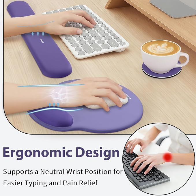 Mouse Pad and Keyboard Wrist Rest, 3-in-1 Gel Memory Foam Ergonomic Mouse Pad with Wrist Rest Set, Gaming Mousepad Arm Cushion Support for Computer Office Desk Accessories Cute Setup, Purple
