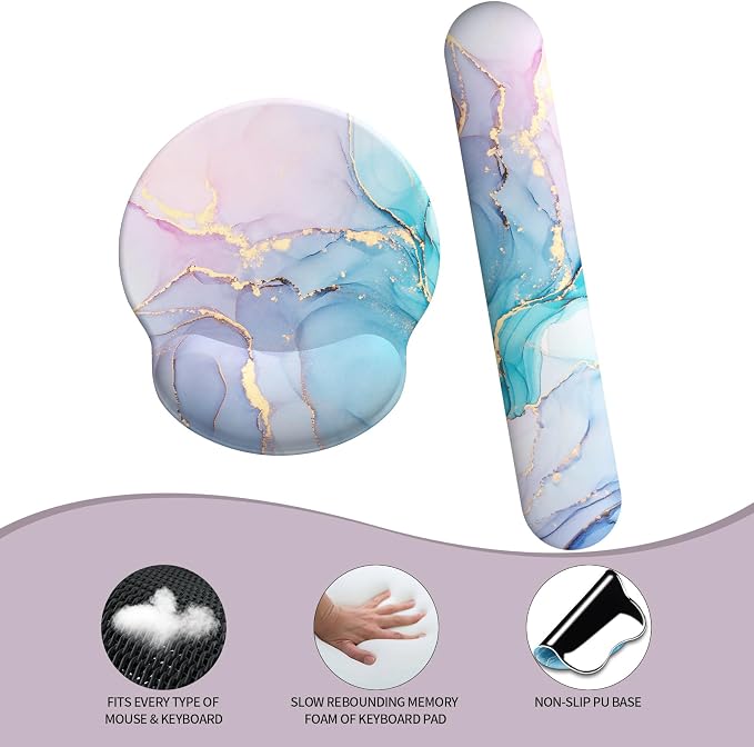 Mouse Pad Wrist Support, Ergonomic Memory Foam Keyboard Wrist Pad & Gel Wrist Rest Set for Computer Keyboard for Easy Typing & Pain Relief for Office & Home (Cyan Pink Marble)