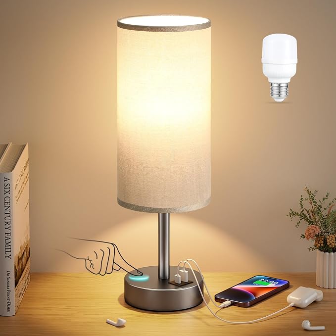 Dicoool Bedside Table Lamp for Bedroom - 3-Way Dimmable Touch Lamp, USB A+C | LED Bulb Included, 14" Small Nightstand Lamp for Desk, Living Room, Guest Room, Grey Fabric Lampshade, Grey Metal Base