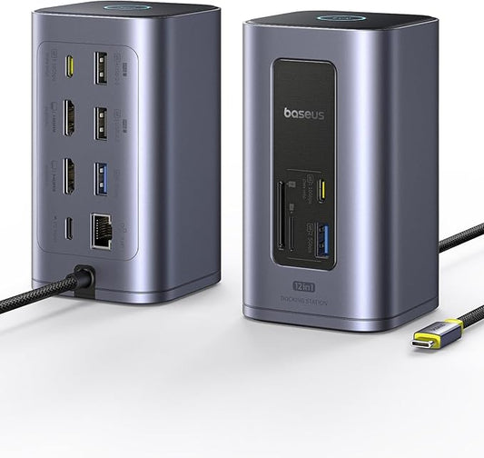Baseus Docking Station Dual Monitor, Nomos Win Air(12 in 1) Laptop Dock, 2*4K HDMI, 10Gbps USB Ports, 1Gbps Ethernet, PD 100W(No Power Adapter), USB C Docking Station for Dell/HP/Lenovo/Asus/Acer/Mac