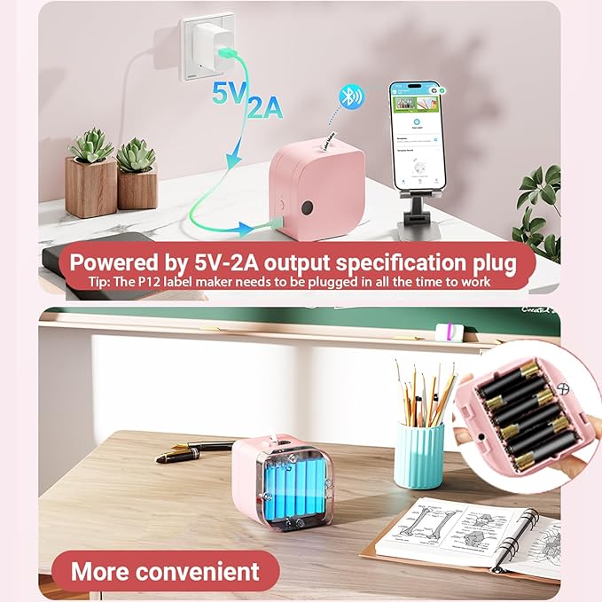 Phomemo Label Maker Machine with Tape, P12 Bluetooth Small Label Makers with Multiple Templates Ribbon Printer Machine for School, Name Tag, Home, Office, Kitchen, Gift Wrap, Pink