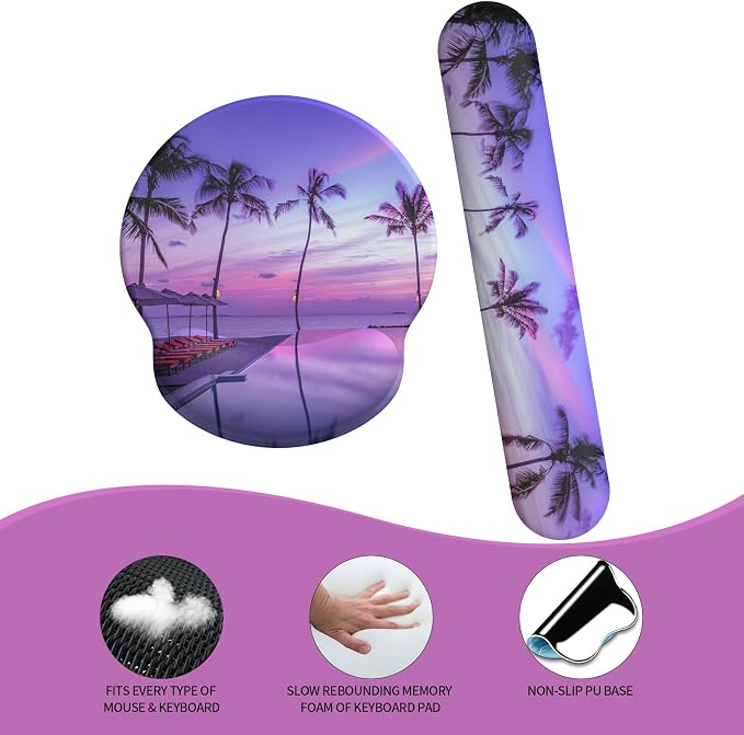 Mouse Pad Wrist Support, Ergonomic Memory Foam Keyboard Wrist Pad & Gel Wrist Rest Set for Computer Keyboard for Easy Typing & Pain Relief for Office & Home (Mauve Twilight Set)