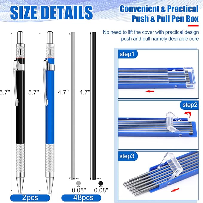 Gersoniel 2 Pcs Welders Pencil with 48 PCS Round Refills Mechanical Pencils Metal Welding Marker for Tube Pipe Fitter Welder Steel Construction Woodworking (Sliver, Black)