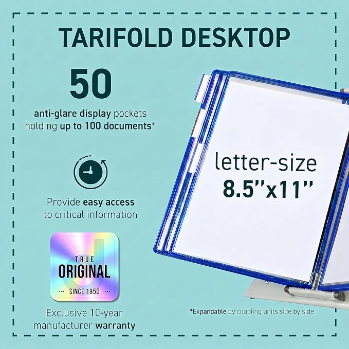 Tarifold Desktop Reference Display System, 50 Pockets, Expandable, Blue | 50 double-sided PVC pockets, holds 100 letter-size sheets, sturdy metal base, quick-find indexing, quick and easy to assemble