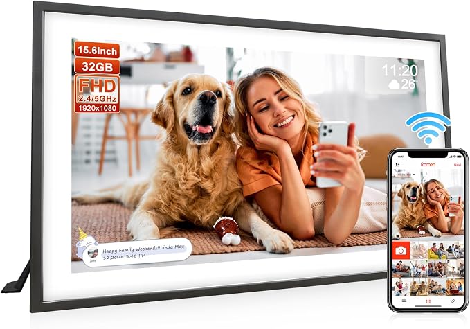 Frameo 15.6 Inch Large Digital Photo Frame, Digital Picture Frame WiFi with 32GB, 1920 * 1080 IPS HD Touch Screen, Electronic Picture Frame IPS Touch Screen， Auto-Rotate, Gifts for Mom, House Warming