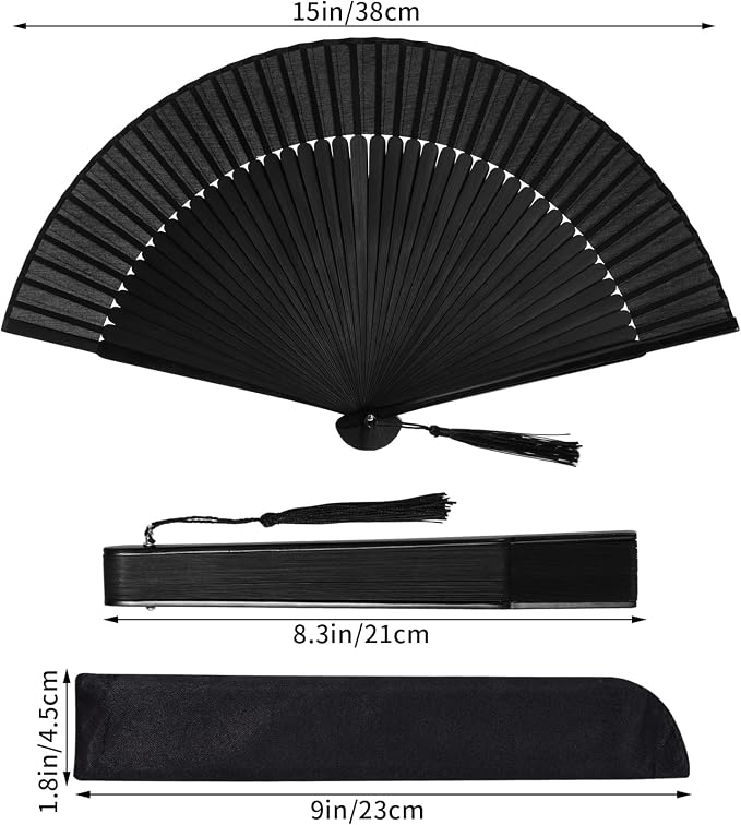 Wobe Hand Held Bamboo Silk Folding Fan, Chinese Japanese Handheld Fan with Tassel Wooden Charming Elegant Vintage Retro Style for Women Ladys Girls Dance Party Home Decorations (Black)