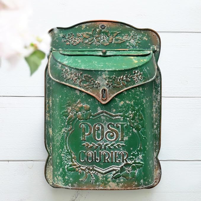 BIG FORTUNE Wall Mount Mailboxe for House Outside Vintage Metal Door Mailbox Antique Style Nostalgic Charm Home Decor Garden Vintage English Cottage Decor Flower Patter (Green)